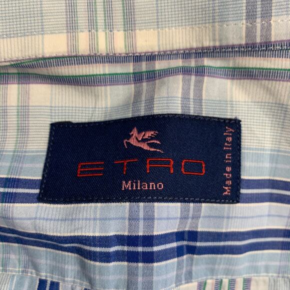 ETRO Size M Blue White Plaid Cotton Button Up Long Sleeve Shirt - Picture 4 of 4